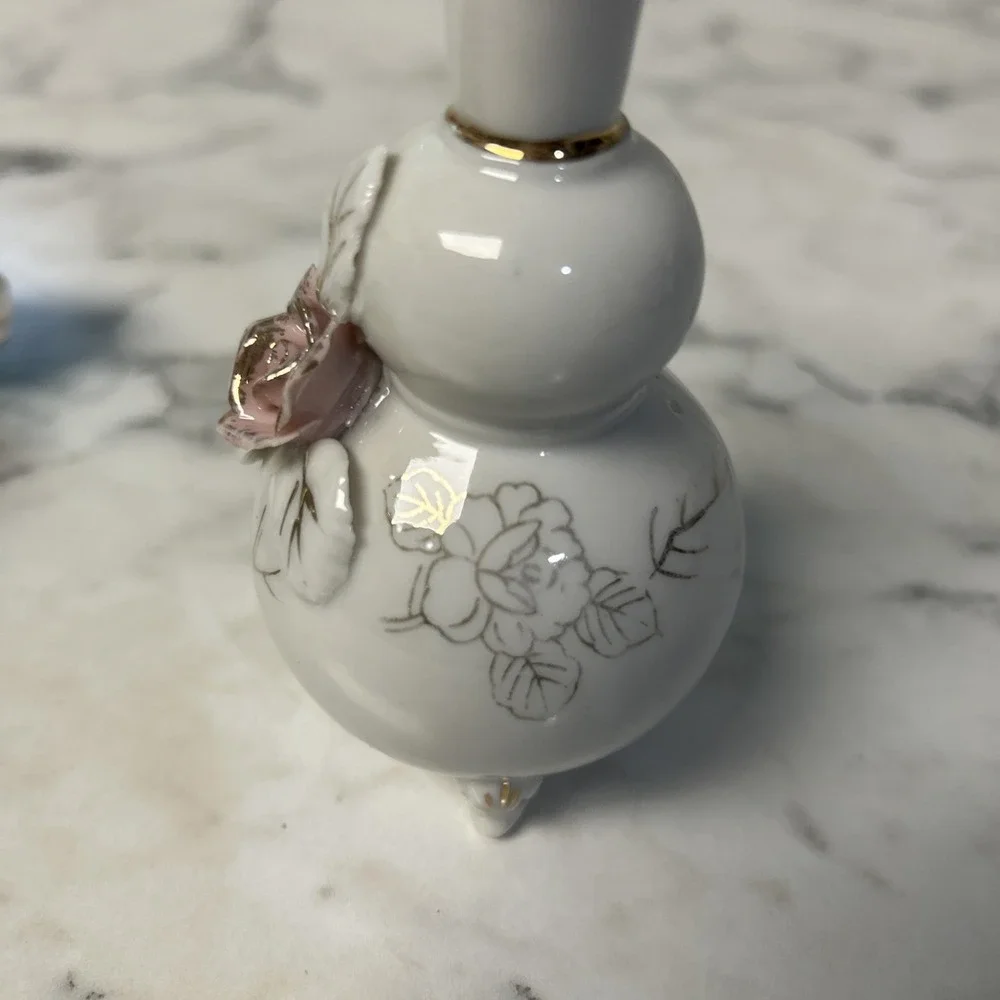 Floral Rose Victorian Bud Vase Old World Footed set of 2 Vintage Shabby Chic